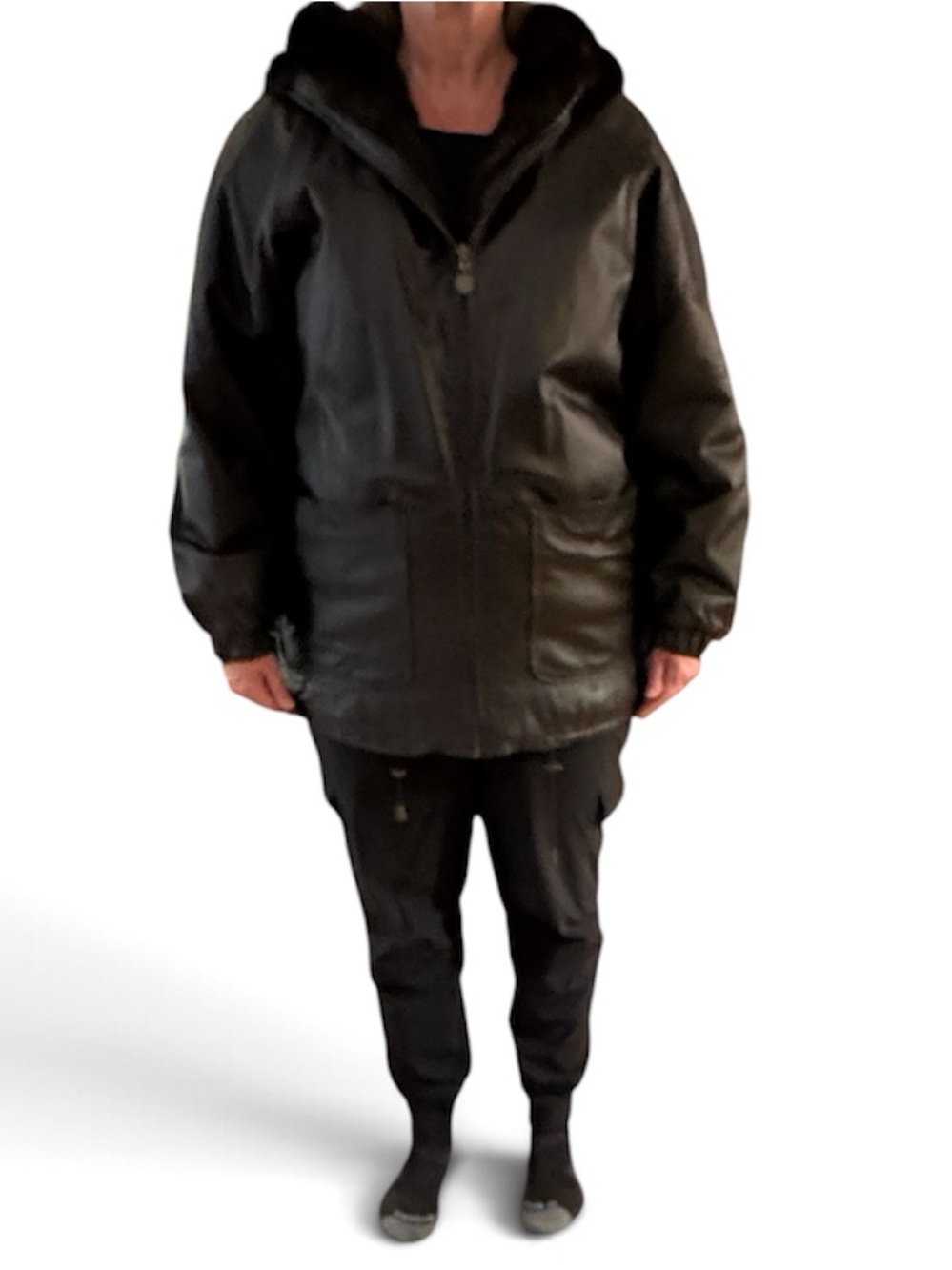 Women’s Reversible Faux Leather Faux Fur Hooded Zip Front Coat